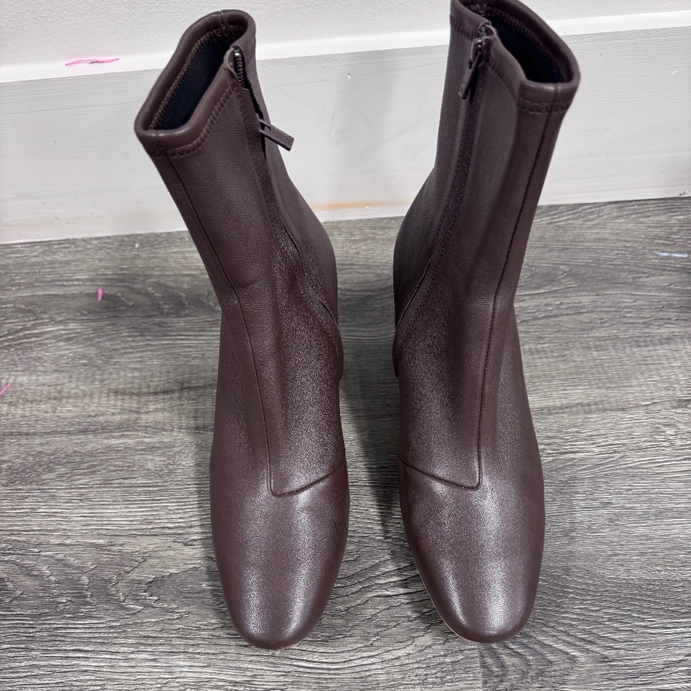 Loeffler Randall Elise  Brown CHOCO Leather Zip Up Boots with Stacked Heel 9.5B